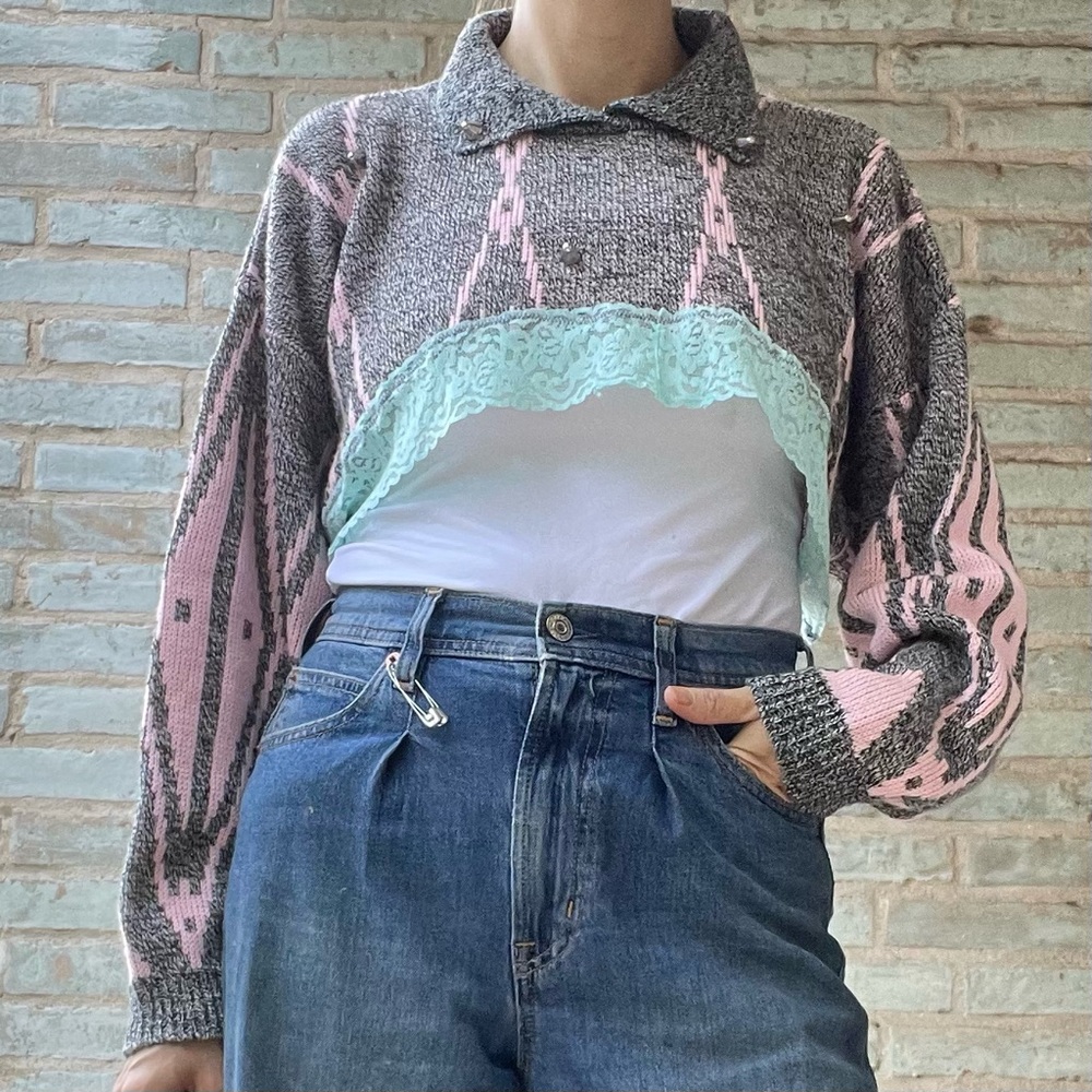 Vintage Cropped Sweater 90s Upcycled Lace Studded Collar Knit Jumper Diana Marco